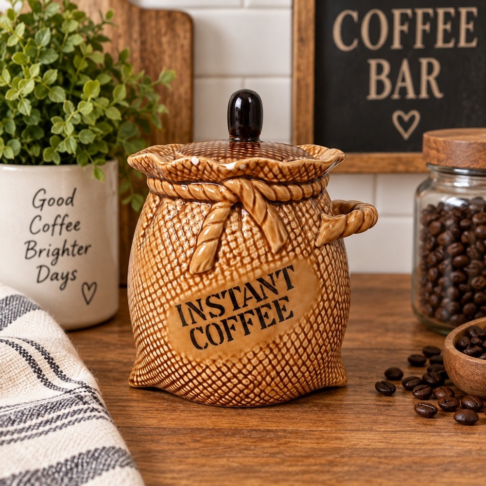 Vintage Lefton Instant Coffee Canister Basket Weave Ceramic Japan 2121